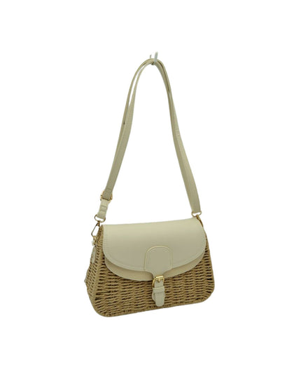 Belt Closure Leather & Structure Straw Crossbody Bag