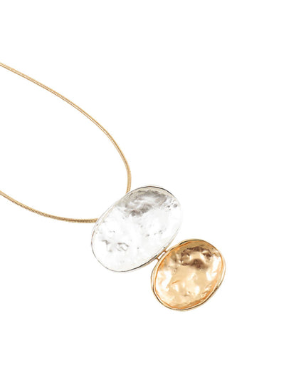 Chunky Two Tone Hammered Oval Metal Charm Snake Chain Necklace