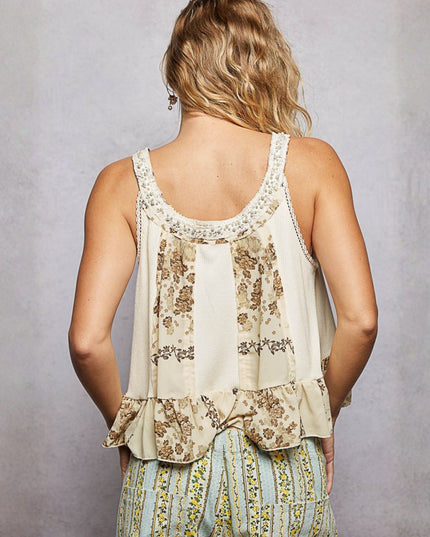 Pearl Neckline Ribbed Contrast Print Patch Flared Sleeveless Top