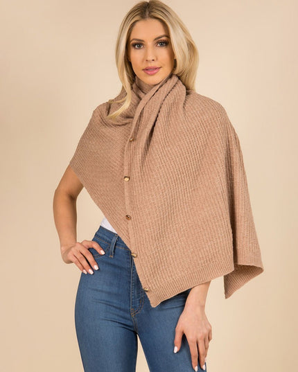 Convertible Button Up Waffle Knit Shawl Cape Poncho