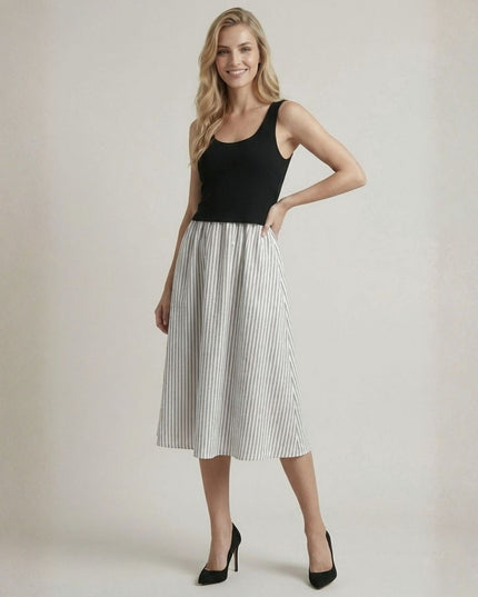 Twofer Striped Skirt Solid Tank Top Midi Dress