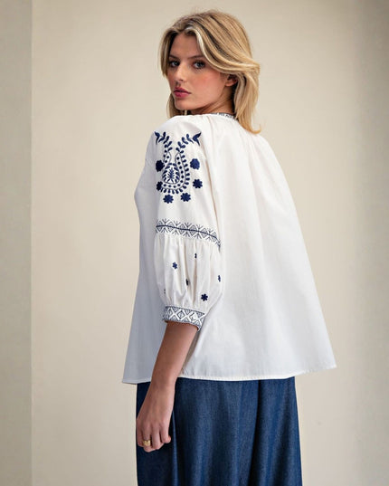 Embroidered Detail 3/4 Sleeve Top