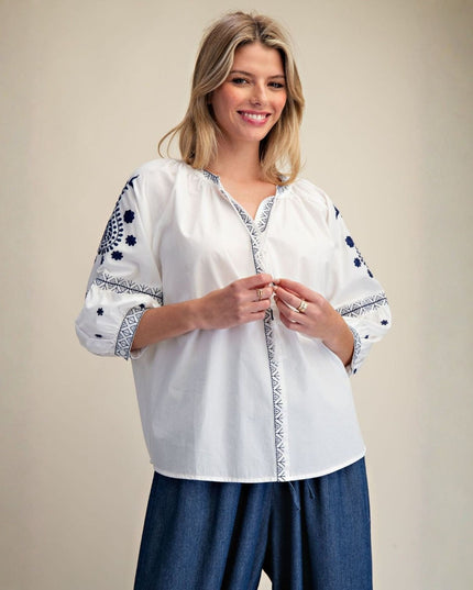 Embroidered Detail 3/4 Sleeve Top