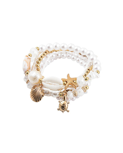 Pearl Puka Shell Gold Sea Turtle Sea Shell Starfish Charm 4 Bracelet Set