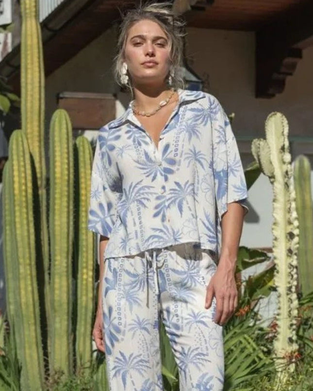 Palm Tree Printed Short Sleeve Button Down Collared Top