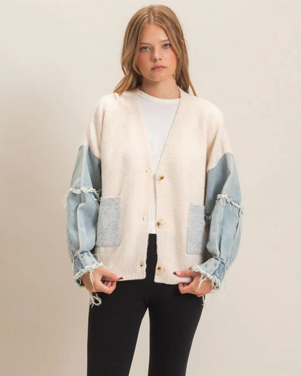 Denim Sleeves V Neck Cardigan Sweater