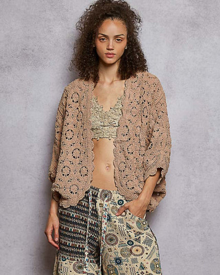 Batwing Sleeve Chenille Floral Crochet Sweater