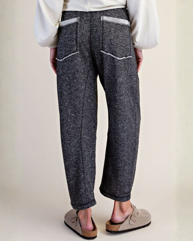 Soft Textured Knit Patch Pockets Elastic Tie Waist Ankle Length Pants