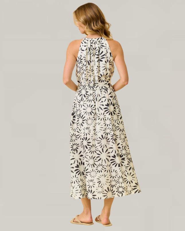 Abstract Floral Tie Waist Button Down Sleeveless Midi Dress
