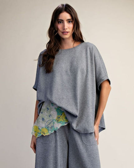 Drop Shoulder Textured Short Sleeve Oversized Top
