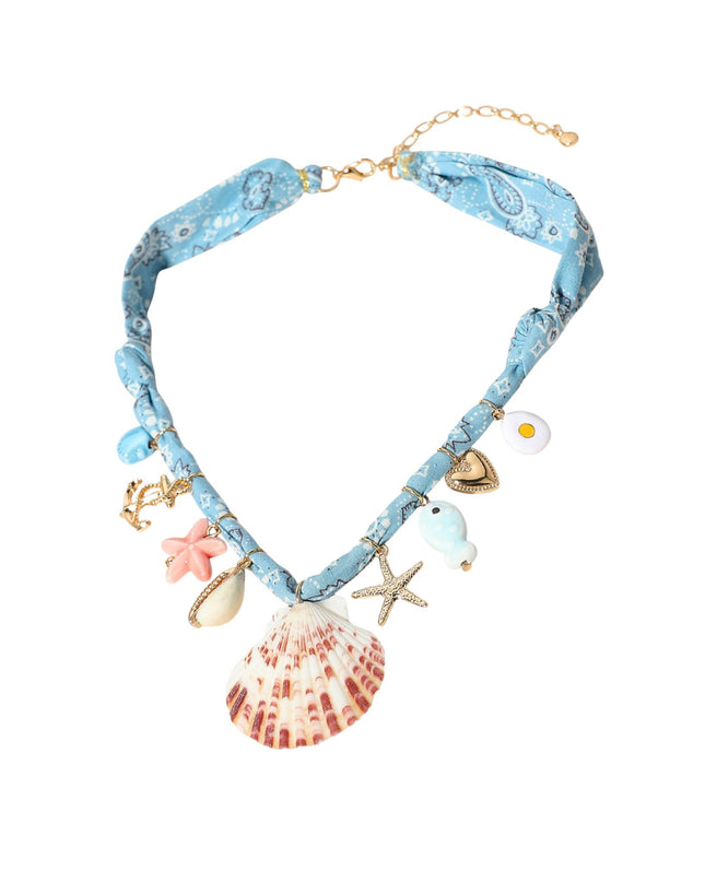 Seashell Starfish Anchor Heart Charm Station Bandana Fabric Statement Necklace