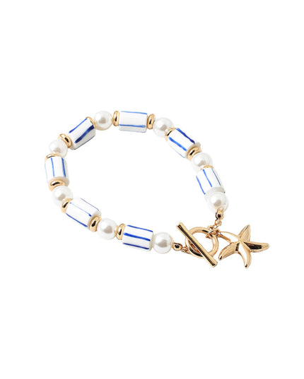 Striped White Blue Bead Pearl Starfish Charm Toggle Bracelet