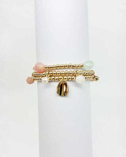 Natural Stone Charm Gold Ball Bead 3 Bracelet Set
