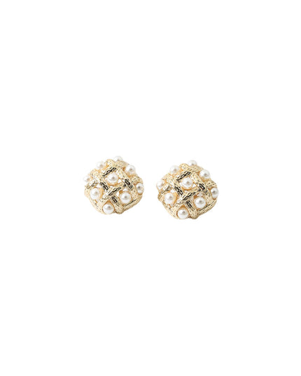 Lattice Pearl Metal Square Stud Earrings