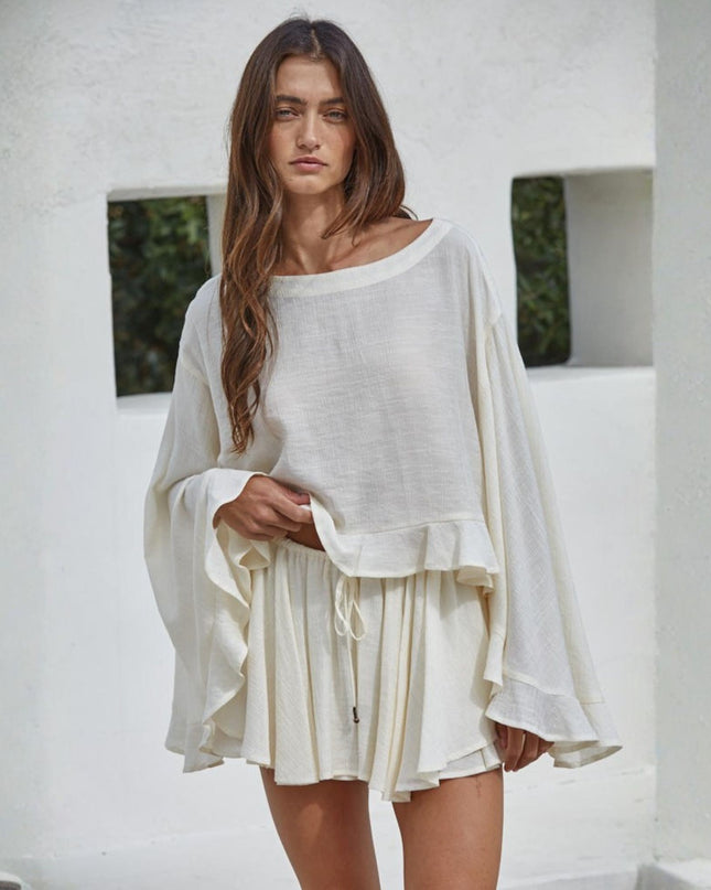 Hardey Slit Back Wide Long Sleeve Ruffle Top