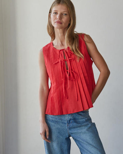 Davina Split Pin Tuck Detail Tie Front Sleeveless Top