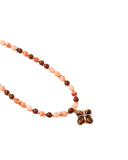 Tigers Eye Clover Pendant Resin Beaded Gold Metal Ball Bead Necklace