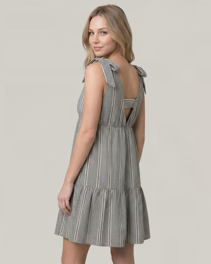 Jacquard Gingham Tie Shoulder V Neck Mini Dress