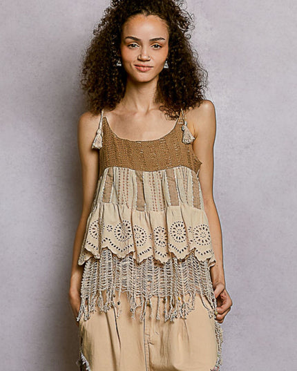Contrast Eyelet Pattern Fringe Detail Spaghetti Strap Top