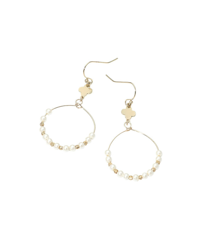 Quatrefoil Accent Pearl Beaded Hoop Link Drop Earrings