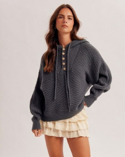 Hooded Half Button Open Knit Sweater