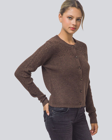 Pointelle Knit Sleeve Contrast Ribbed Button Down Cardigan Sweater