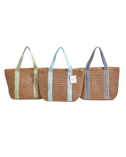 Striped Handle Woven Thermal Lunch Tote Bag