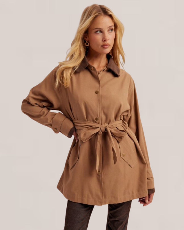 Collared Front Button Tie Waist Jacket