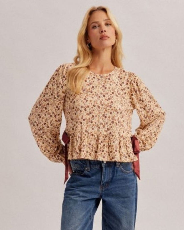Floral Printed Side Ribbon Tie Puff Long Sleeve Top