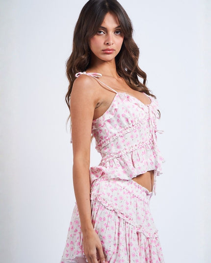 Soft Ditsy Floral Tie Strap Ruffle Tiered Crop Top