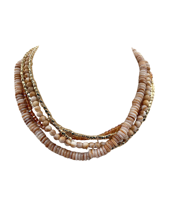 Candy Bead Gold Metal Square Cube Bead 5 Strand Layered Necklace