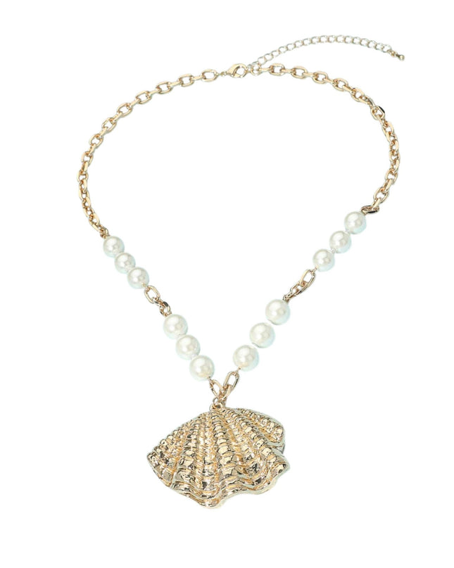 Textured Sea Shell Pendant Accent Pearl Chain Necklace