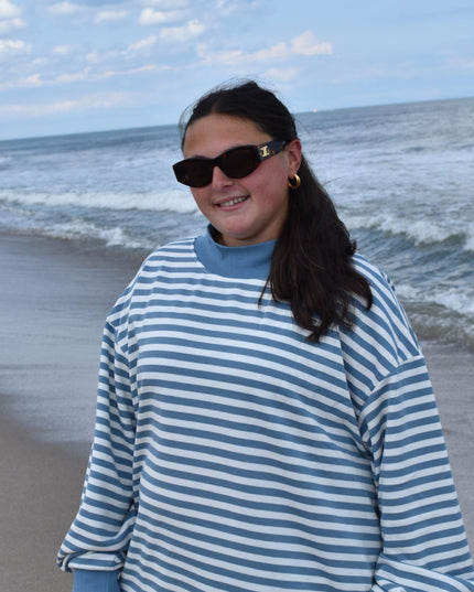 Striped Mock Neck Sunshine Daydream Sleeve Patch Logo Lightweight Terry Sweatshirt Dusty Blue