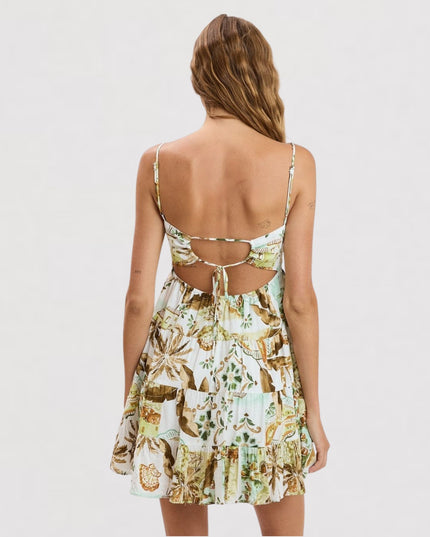 Vintage Seaside Print Open Back Tiered Spaghetti Strap Mini Dress