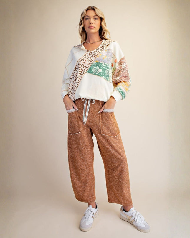 Soft Textured Knit Patch Pockets Elastic Tie Waist Ankle Length Pants