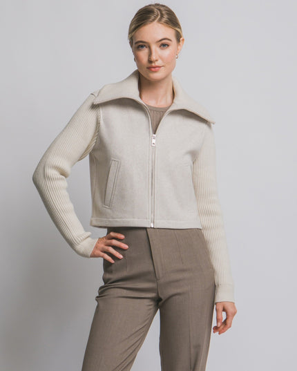 Ribbed Contrast Sleeve High Collar Zip Up Jacket