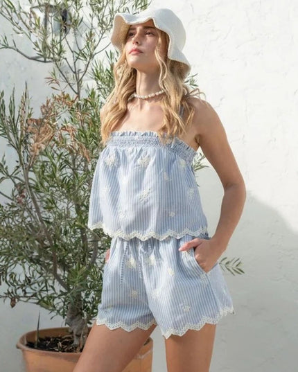 Embroidery Striped Spaghetti Strap Scallop Hem Top