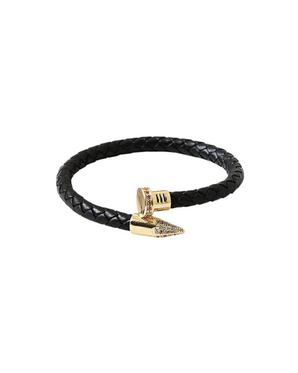 Gold CZ Nail Tip Braided Leather Bracelet