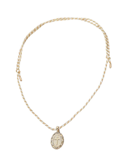 Cross Gold Oval Medallion Pendant Twisted Thread Cord Necklace