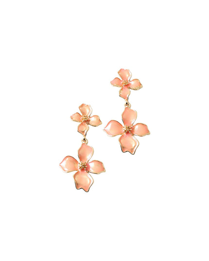 Enamel Double Flower Link Gold Metal Droplet Earrings