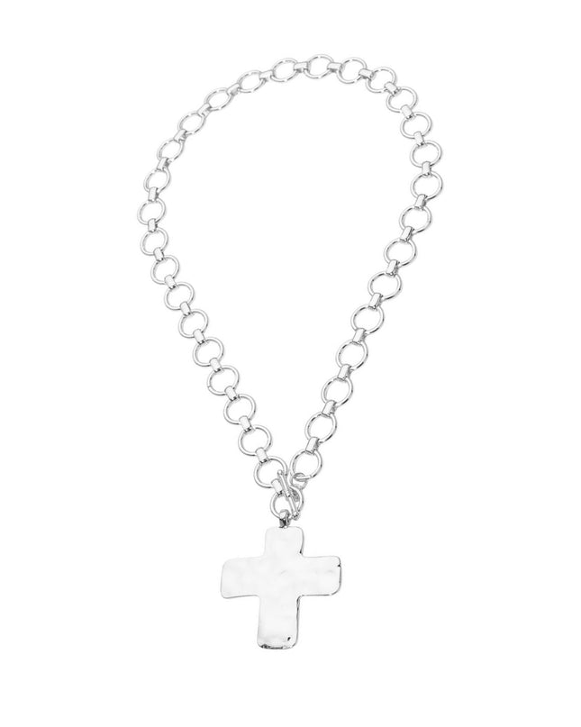 Hammered Metal Cross Pendant Chunky Chain Toggle Necklace