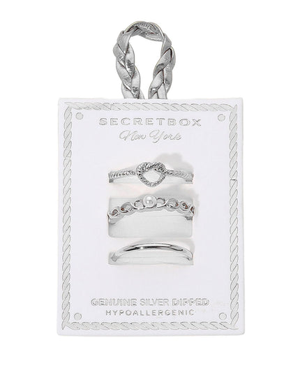 Heart Knot Pearl Thin Plain Band 3 Ring Set