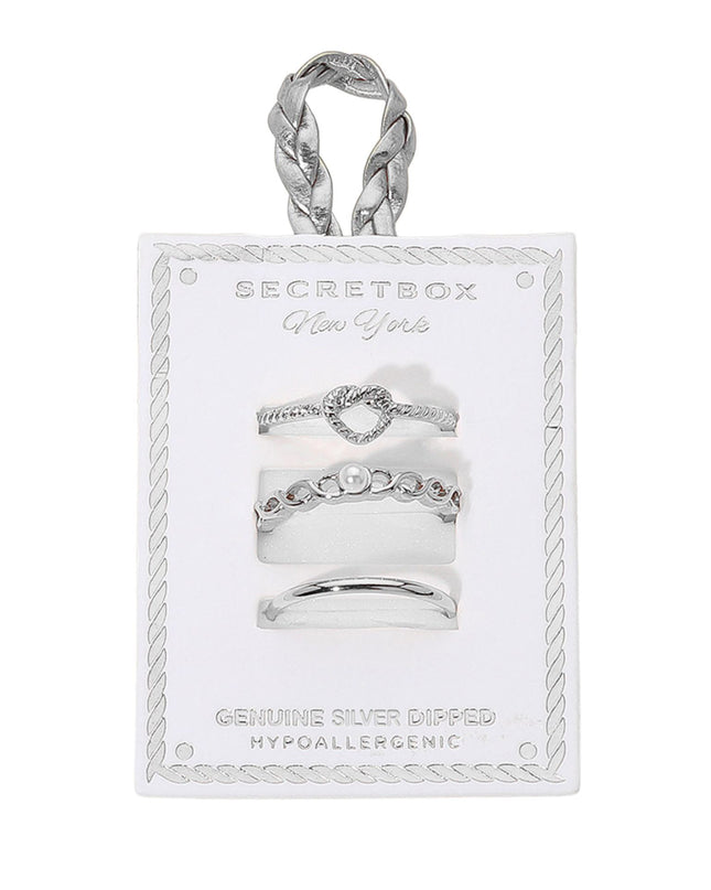 Heart Knot Pearl Thin Plain Band 3 Ring Set