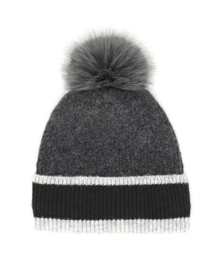 Ribbed Tri-Color Fleeced Faux Fur Pom Pom Winter Beanie Hat