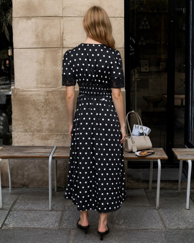 Polka Dot Lace Trim V Neck Button Down Short Sleeve Midi Dress