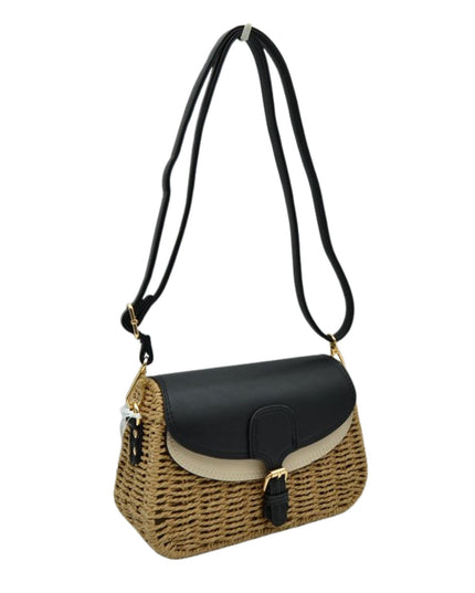 Belt Closure Leather & Structure Straw Crossbody Bag