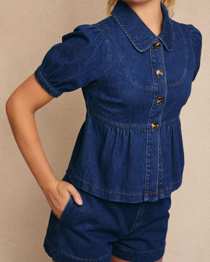 Collared Puff Short Sleeve Denim Top