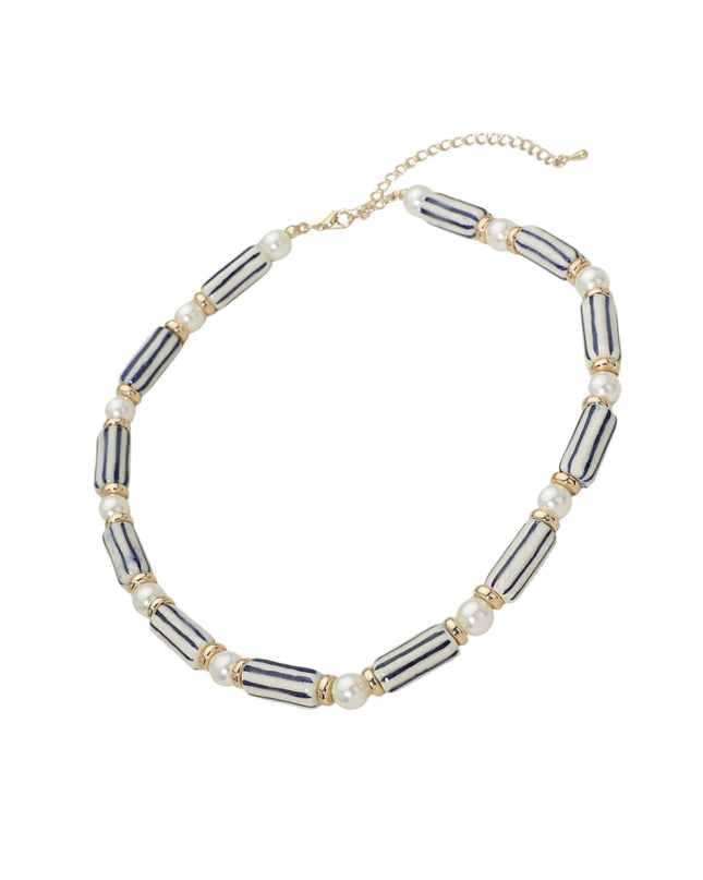 Pearl White Blue Ceramic Tube Beaded Necklace