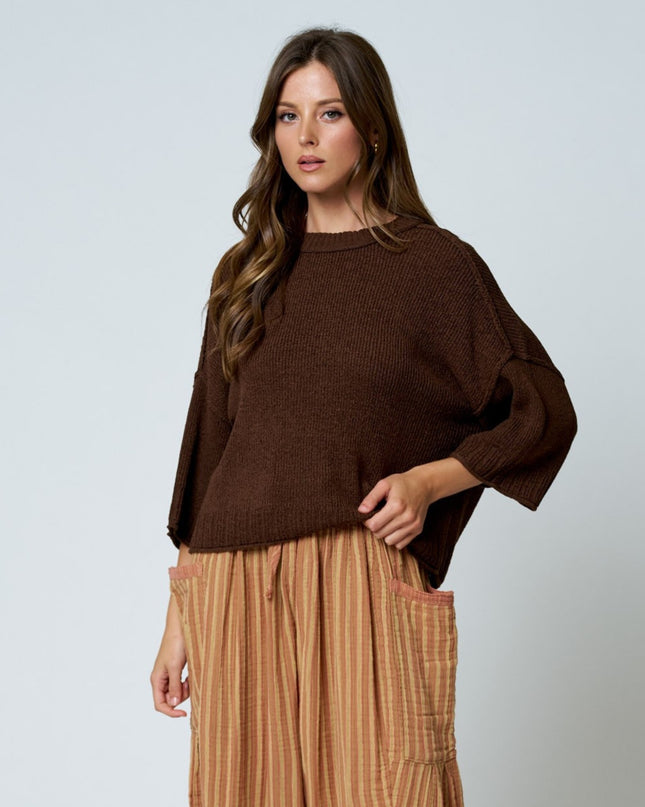 Crew Neck Drop Shoulder Raw Edge Short Sleeve Sweater