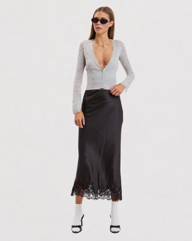 Satin Mono Tone Elastic Waist Lace Midi Skirt